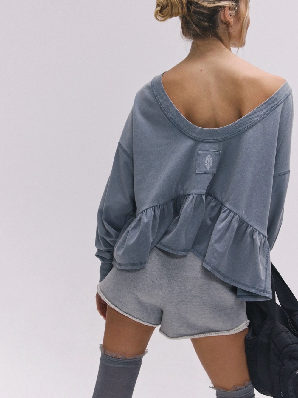 Free People Off-Shoulder Ruffle-Hem Sweatshirt in Slate - Picture 3 of 6